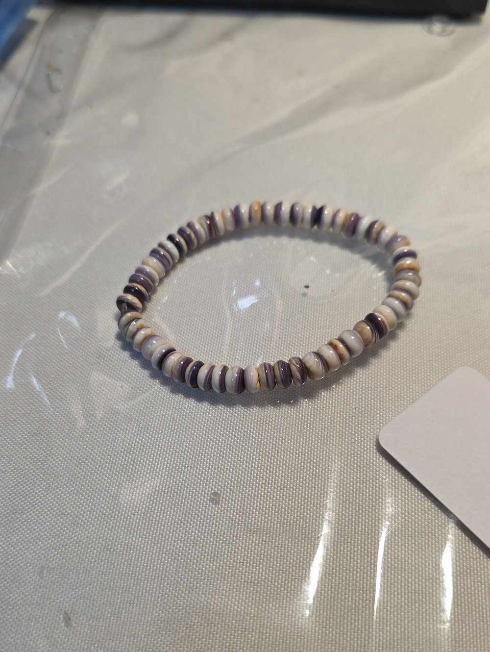 Purple and Cream  Wampum Beaded Stretch Bracelet